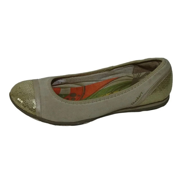 Skechers Beige Suede Ballet Flats Gold Sequins Women Size 8.5 Comfort Round Toe - Picture 1 of 9